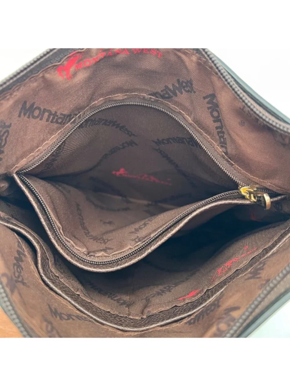 Montana West Brown Faux Leather Crossbody Bag Gold Accents Zippered Compartments - Picture 10 of 14